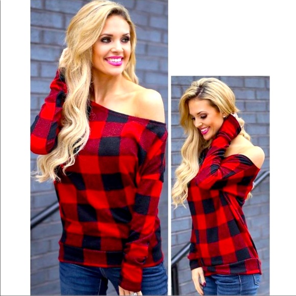 LAST❤️On-trend🎄Red Buffalo plaid off-shoulder top - Picture 1 of 6